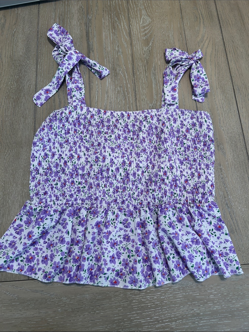 Like New SHEIN Purple Floral Smocked Tie-Shoulder Camisole Large